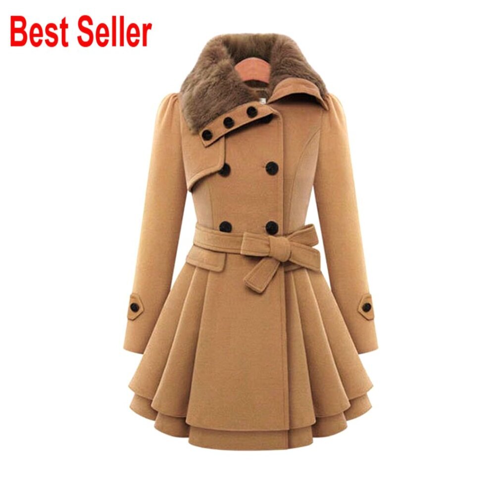 Double Breasted Trench Coat Faux Fur Lapel Flared Hem Belted Winter Wool